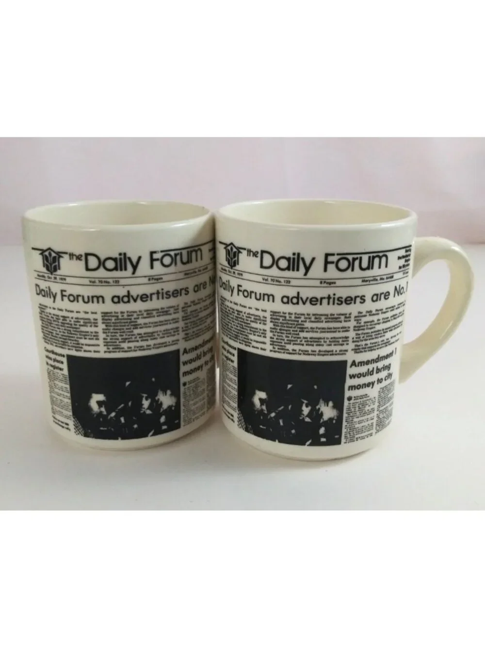 Vintage 1979 Set Of 2 The Daily Forum Maryville News Print Novelty Coffee Cups